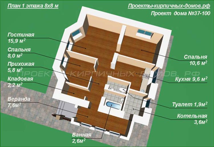 Планировка дома 8 на 8 с двумя спальнями